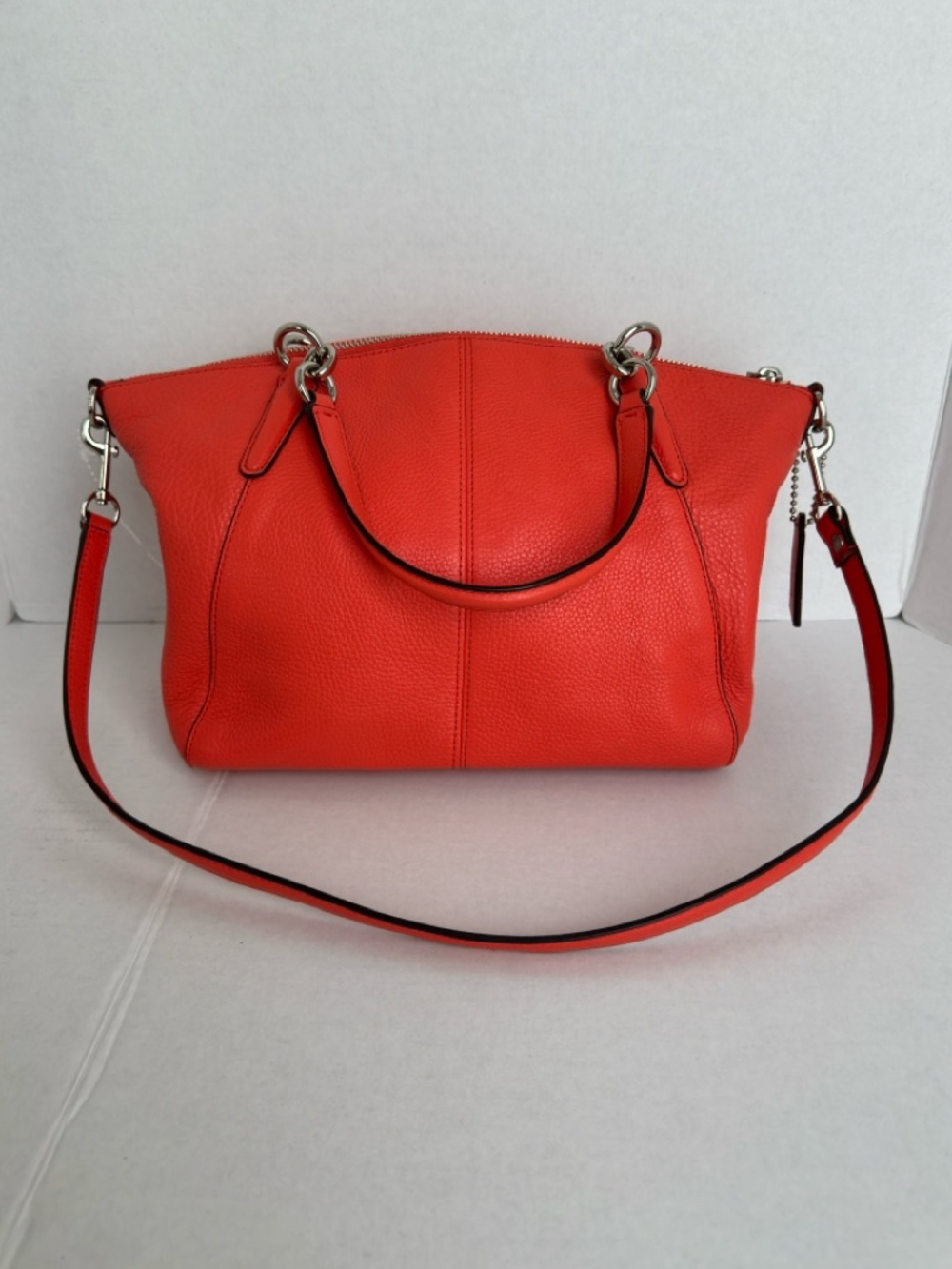 Coach Coral Red Pebbled Leather Satchel Crossbody Shoulder Bag Zip Top Classic - Picture 3 of 13